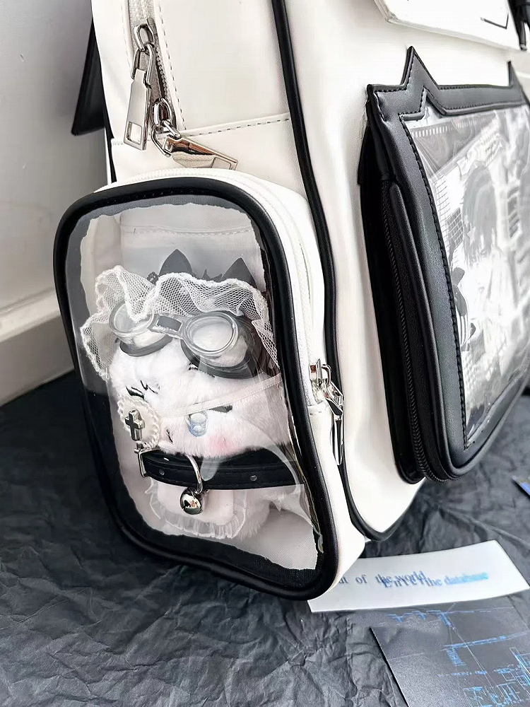 White Cute Kitty Ear Design PU Ita Backpack with Card Holder Charm