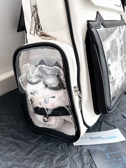 White Cute Kitty Ear Design PU Ita Backpack with Card Holder Charm