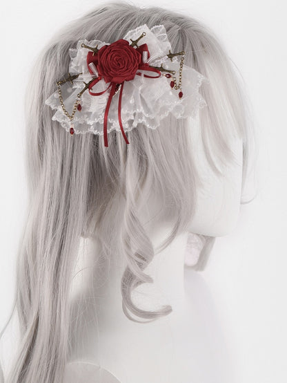 Gothic White and Red Rosette Bowknot Lace Hairclips with Swords and Chains