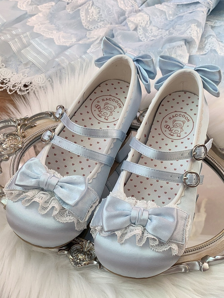 Ruffled Lace, Bow Details & Double Closure Blue Low-heel Mary Janes in Sweet Lolita