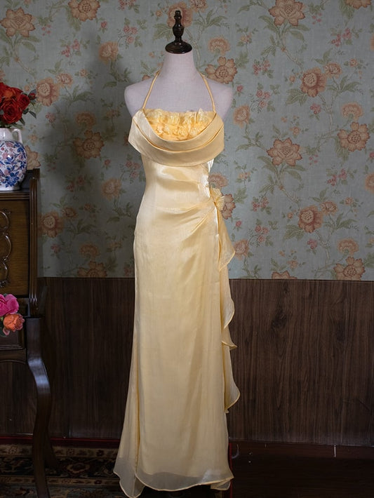 Clearance-Size S for Bust 82CM Vintage Yellow Halter Neck Floral Prom Gown Fairy Princess Dress