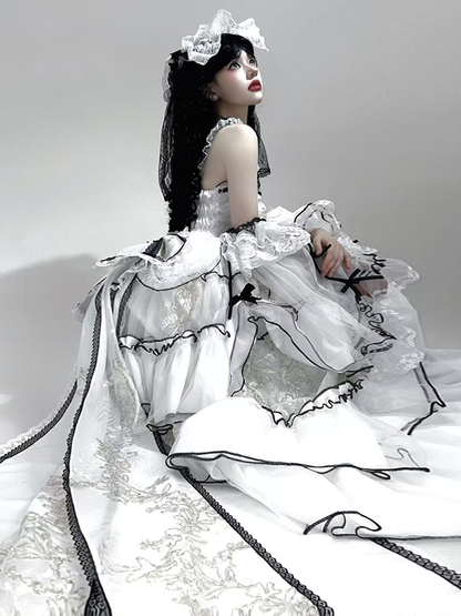 Plus Sizes White & Black Ruffled Layers Sweet Lolita Dress Long Version+Train+Head Veil+Detachable Sleeves Full Set