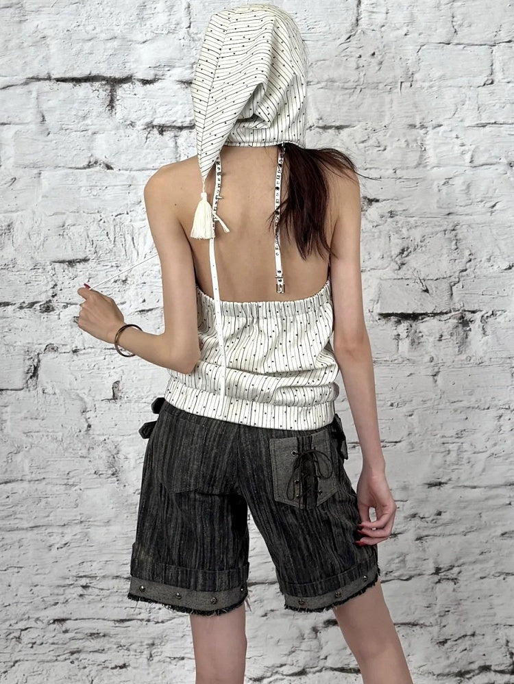 Black Wasteland Punk Studs Decorated Buckle Details Faded Wash Shorts