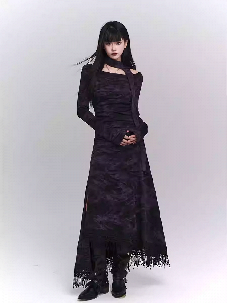 Wasteland Punk Purple Asymmetrical Tassel Hem Side-Slit  Dress
