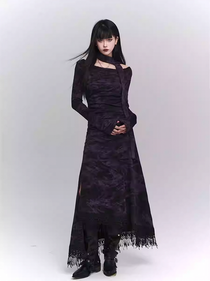 Wasteland Punk Purple Asymmetrical Tassel Hem Side-Slit  Dress