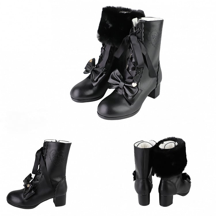 PU Black Sweet Lolita Mid-Calf Boots - Lace-Up Design with Detachable Bow & Plush Cuff