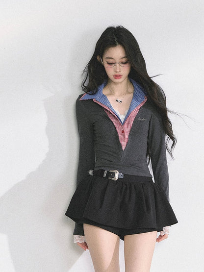 Red Plaid Collar Gray Slim-fitting Top Faux Two-pieces