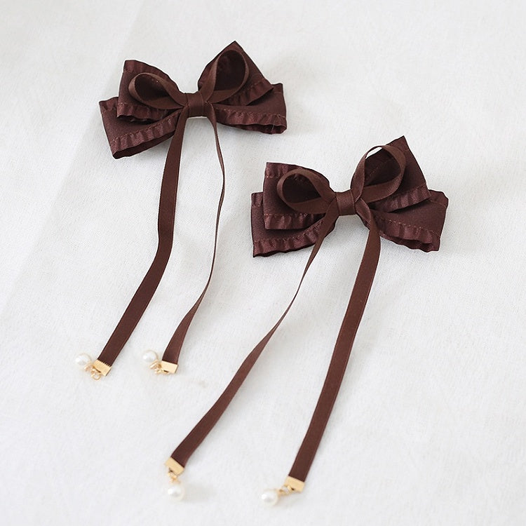8 Colors A Pair of Sweet Bowknot Ribbon Hairclips with Bead Decorations