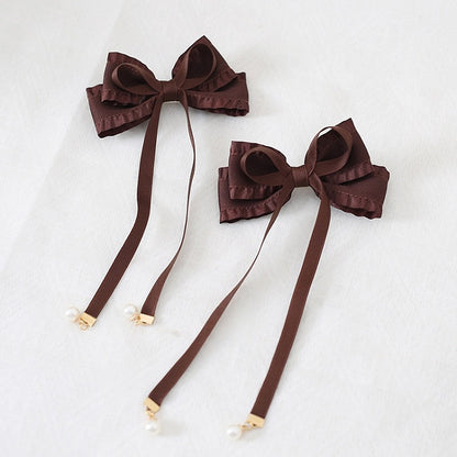 8 Colors A Pair of Sweet Bowknot Ribbon Hairclips with Bead Decorations