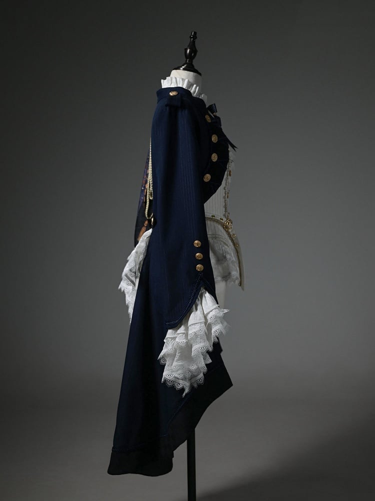 Ouji Fashion Lolita Knight Outfit - White Long Sleeves Top + Dark Blue One-shoulder Cape Tailcoat
