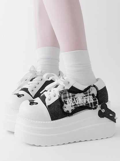 Black & White Punk Bone Applique Silver-tone Studs Platform Shoes