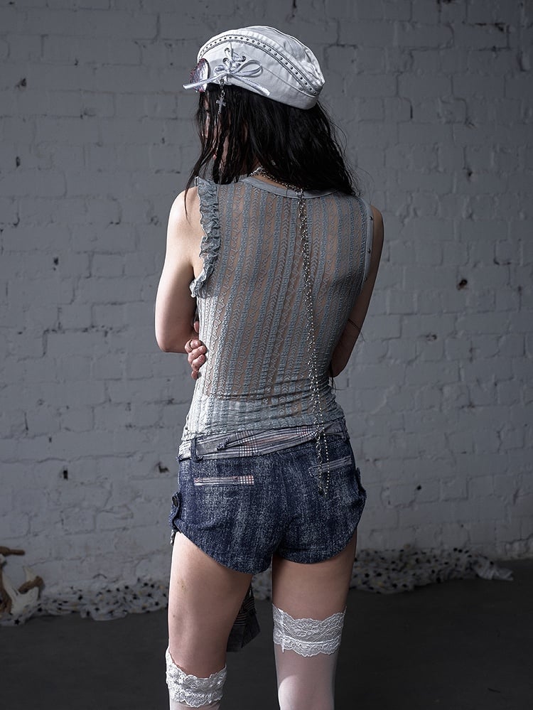 Y2K Blue Low Waist Distressed Holes Punk Bodycon Shorts with Detachable Sleeves