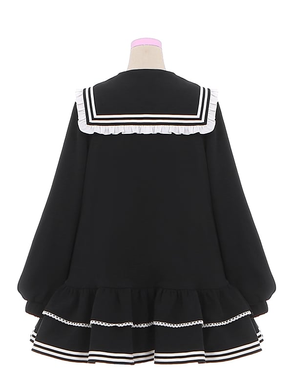 Jirai Kei Black Kitty Embroidery Sailor Collar Zip Closure Landmine Style Dress