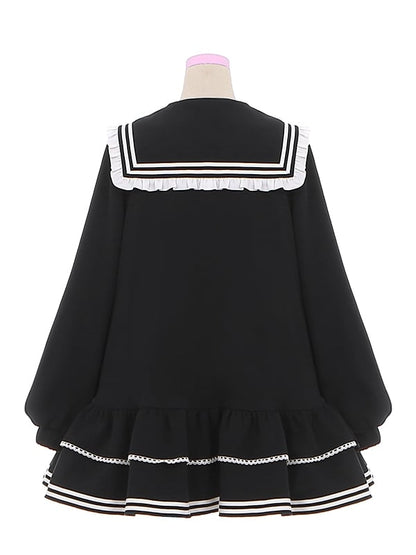 Jirai Kei Black Kitty Embroidery Sailor Collar Zip Closure Landmine Style Dress