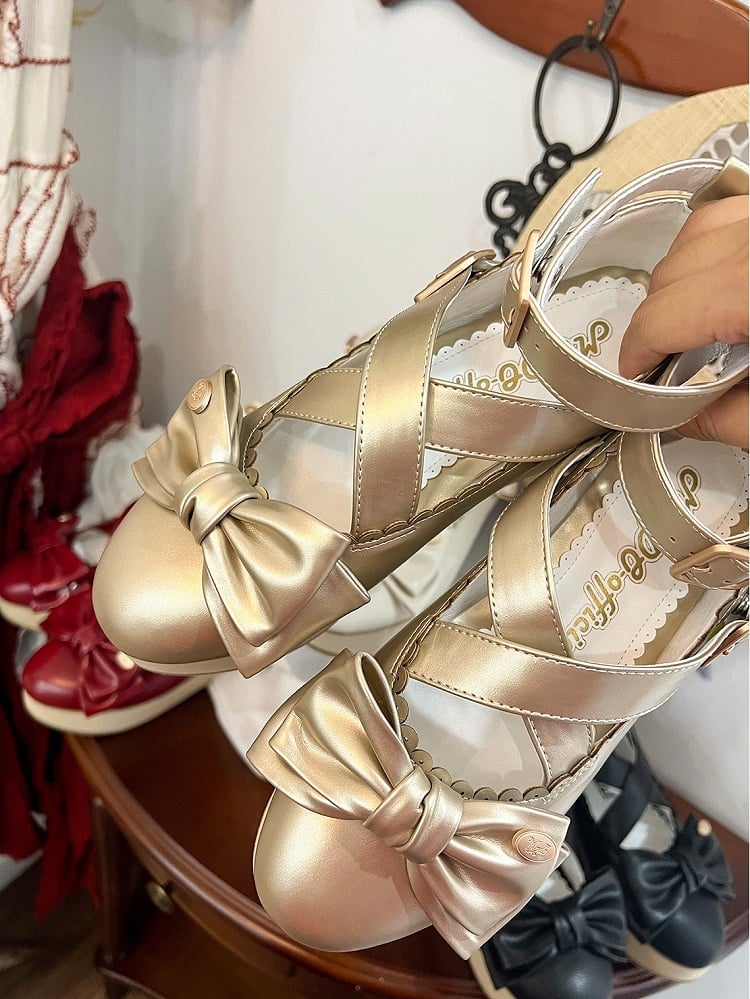 Wooden Look Platform & Bow at Top PU Golden Platform Mary Jane Shoes in Sweet Lolita
