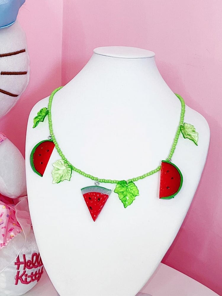 Green&Red Y2K Watermelon And Leaf Pendant Necklace