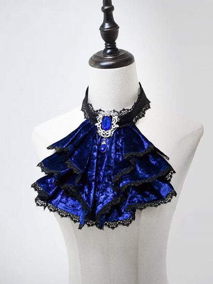 Black and Klein Blue Gothic Lolita Full Set - Long Bell Sleeves Shirt + Boned High Waist Skirt + Jabot Tie + Mini Hat