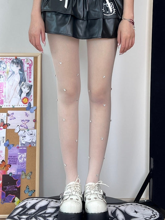 White Rhinestone Heart Decorated Tights