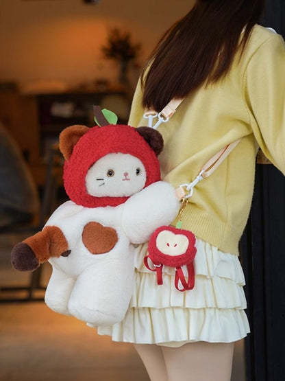 White Cute Kitty Heart Plush Backpack/Crossbody Bag + Red Apple Hat + Apple Backpack Keychian Middle/Large Size