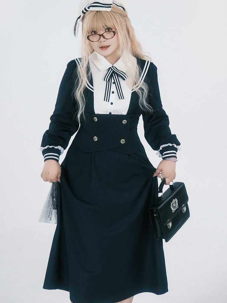 Plus Size JK Uniform Preppy Black Faux Two-Piece Midi Dress with Sailor Collar & Striped Accents