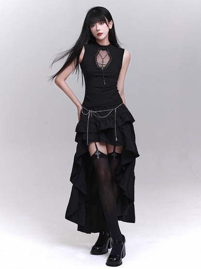 Studded Coffin-Shaped Cutout Black Tank Top with Free Cross Necklace