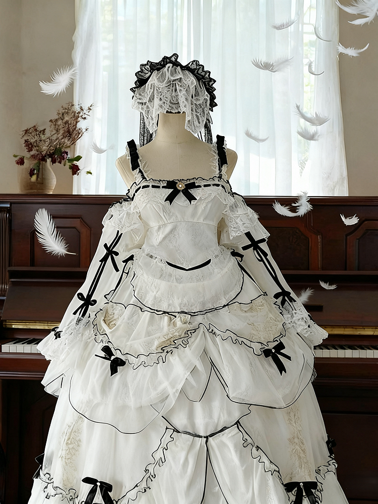 Plus Sizes White & Black Ruffled Layers Sweet Lolita Dress Long Version+Train+Head Veil+Detachable Sleeves Full Set