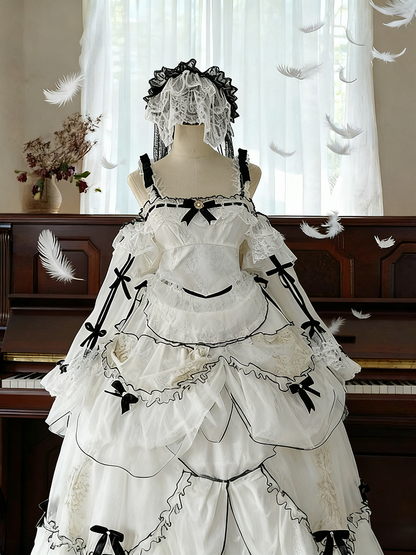 Plus Sizes White & Black Ruffled Layers Sweet Lolita Dress Long Version+Train+Head Veil+Detachable Sleeves Full Set