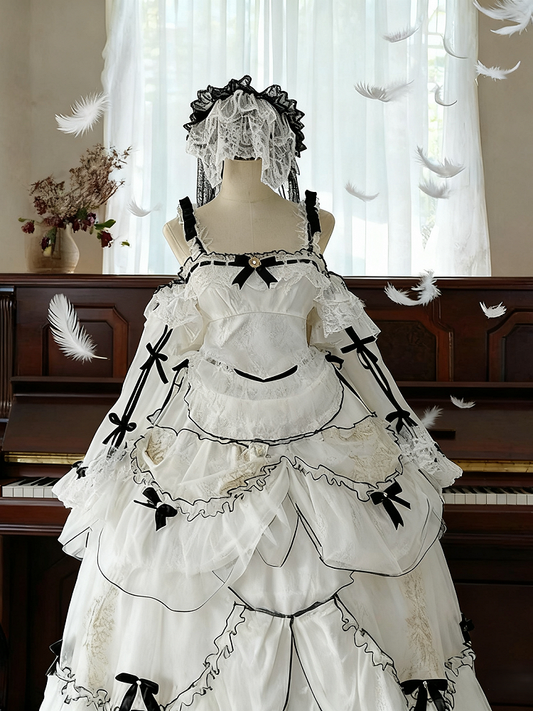 Plus Sizes White & Black Ruffled Layers Sweet Lolita Dress Long Version+Train+Head Veil+Detachable Sleeves Full Set