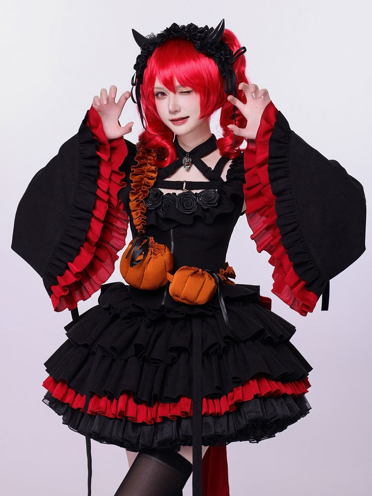 Fan Art Fashion Miss Devil Black Dress with Pumpkins Crossbody Full Set