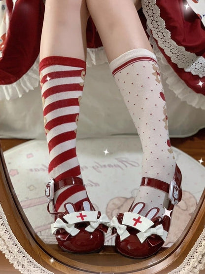 Red Sweet Lolita Low-heel Mary Janes with Bunny Ear Nurse Cap Accent & Bows Decor