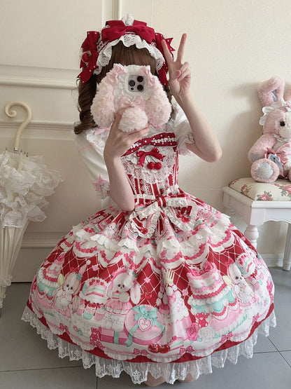 Bunny and Cherry Print Red Sweet Lolita Dress Jumper Skirt