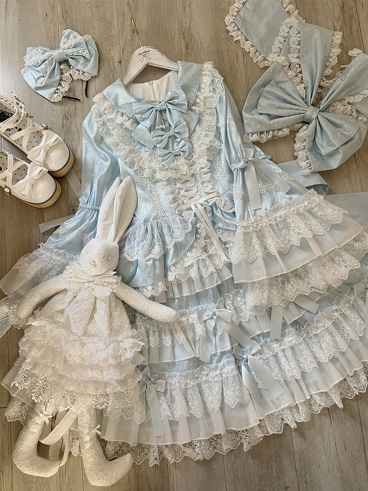 Blue Tiered Ruffle Skirt Bows Decorated Long Bell Sleeves Lolita Dress