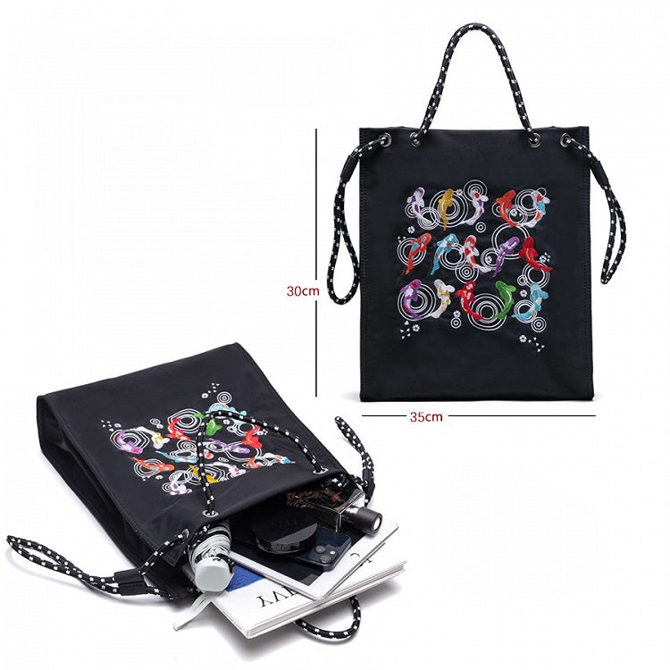Trendy Black Lucky Koi Embroidery Tote Bag With Zipper Closure And Drawstring Strap