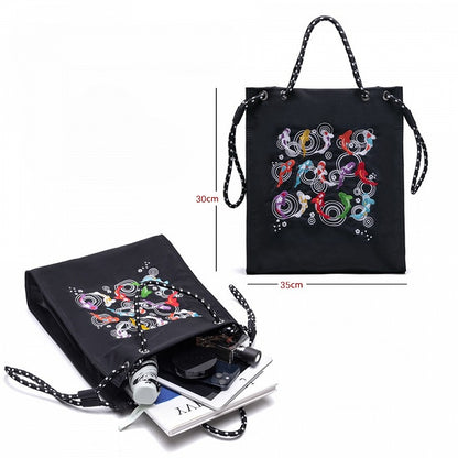 Trendy Black Lucky Koi Embroidery Tote Bag With Zipper Closure And Drawstring Strap