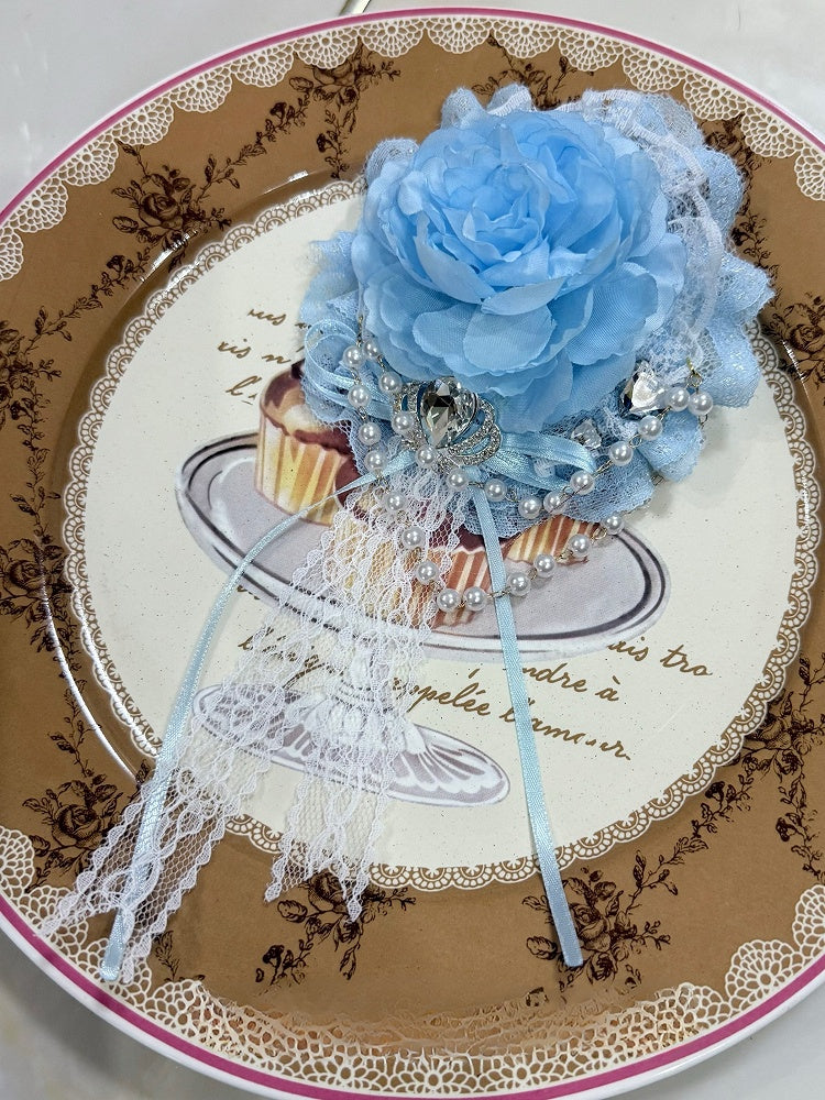 Blue Rhinestone Crown Decorated Beaded Charm Floral Hairclip