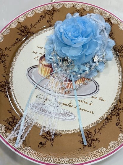 Blue Rhinestone Crown Decorated Beaded Charm Floral Hairclip