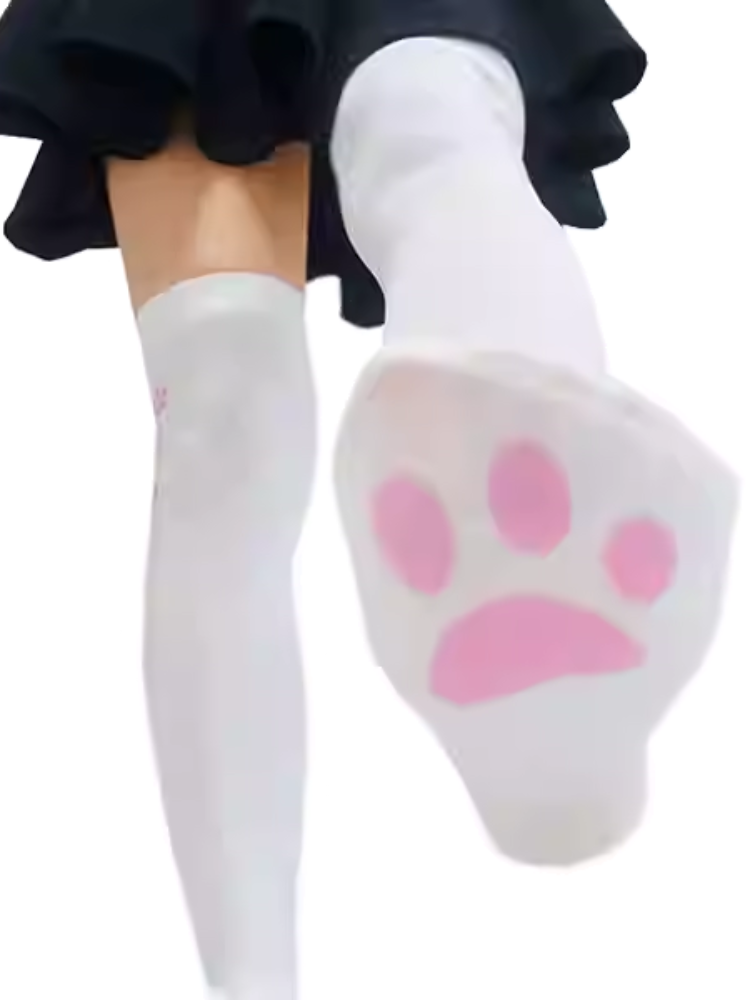 White Cat Paw Pattern Over Knee Stockings