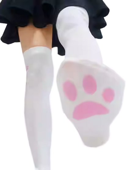 White Cat Paw Pattern Over Knee Stockings