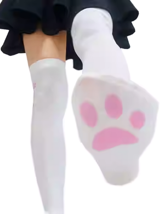 White Cat Paw Pattern Over Knee Stockings