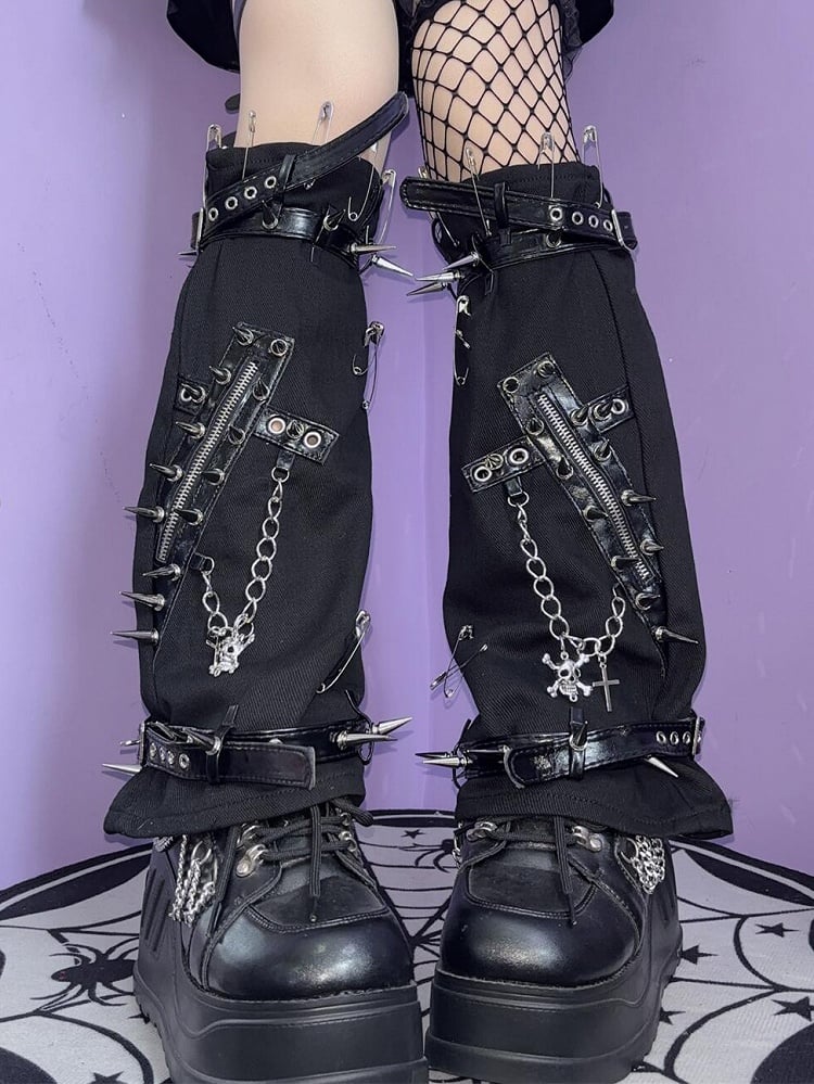 Black Rock Punk Studs And Pin Decorated Cross And Skeleton Charm Leg Warmers