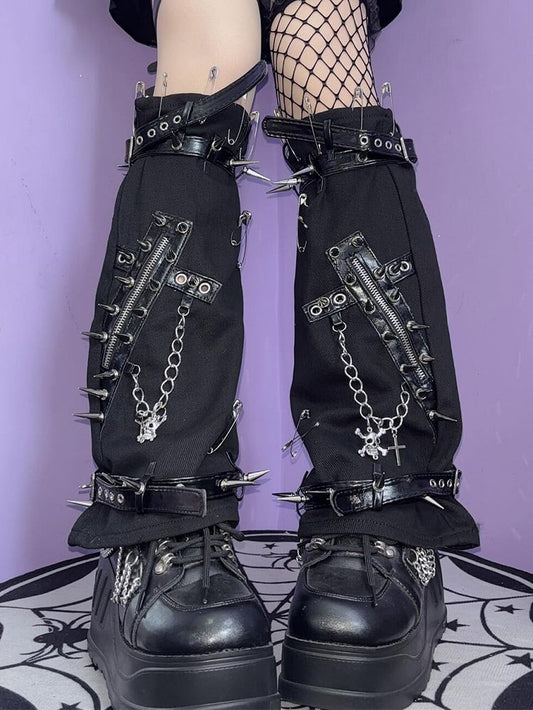 Black Rock Punk Studs And Pin Decorated Cross And Skeleton Charm Leg Warmers