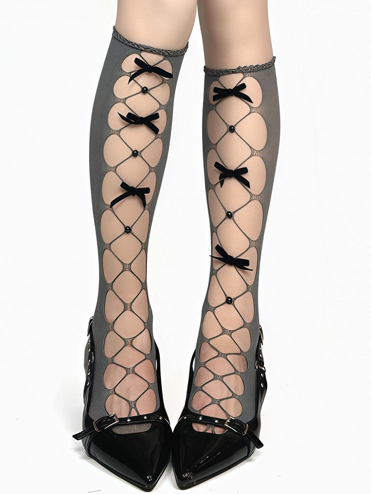 White/Black/Gray Bowknot Details Cutout Design Under-Knee Stockings