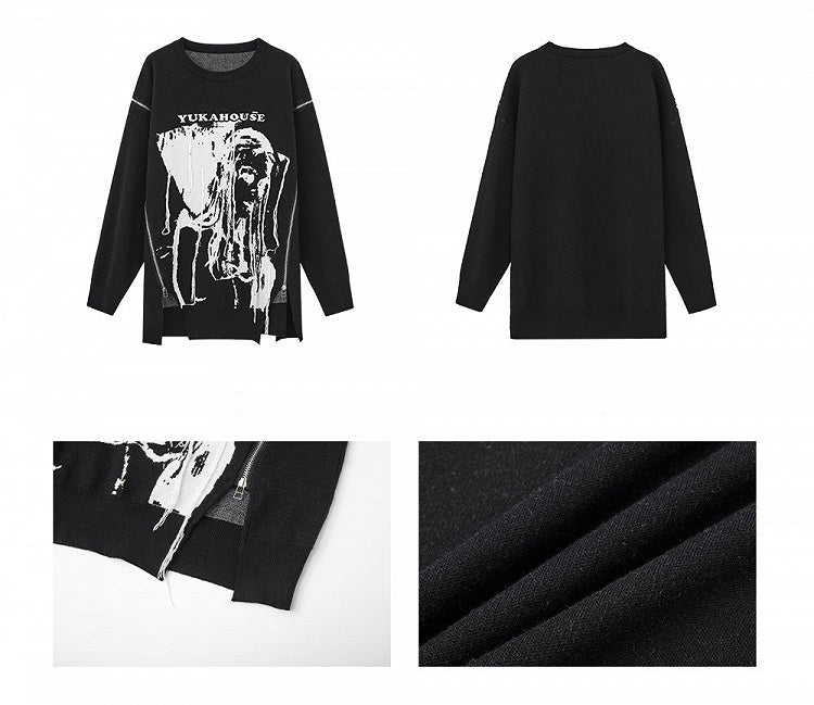Black Punk Rock Zips Design Loose Round Neck Sweater
