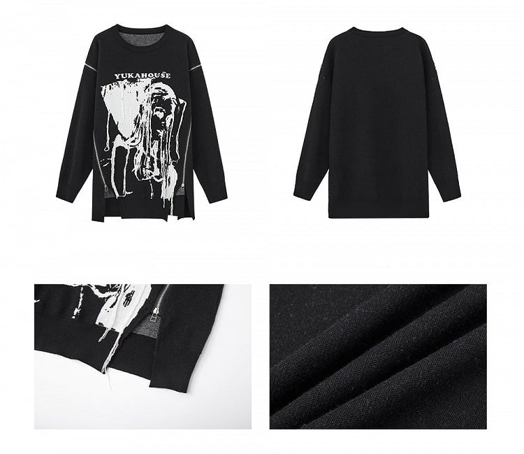 Black Punk Rock Zips Design Loose Round Neck Sweater