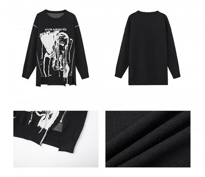Black Punk Rock Zips Design Loose Round Neck Sweater