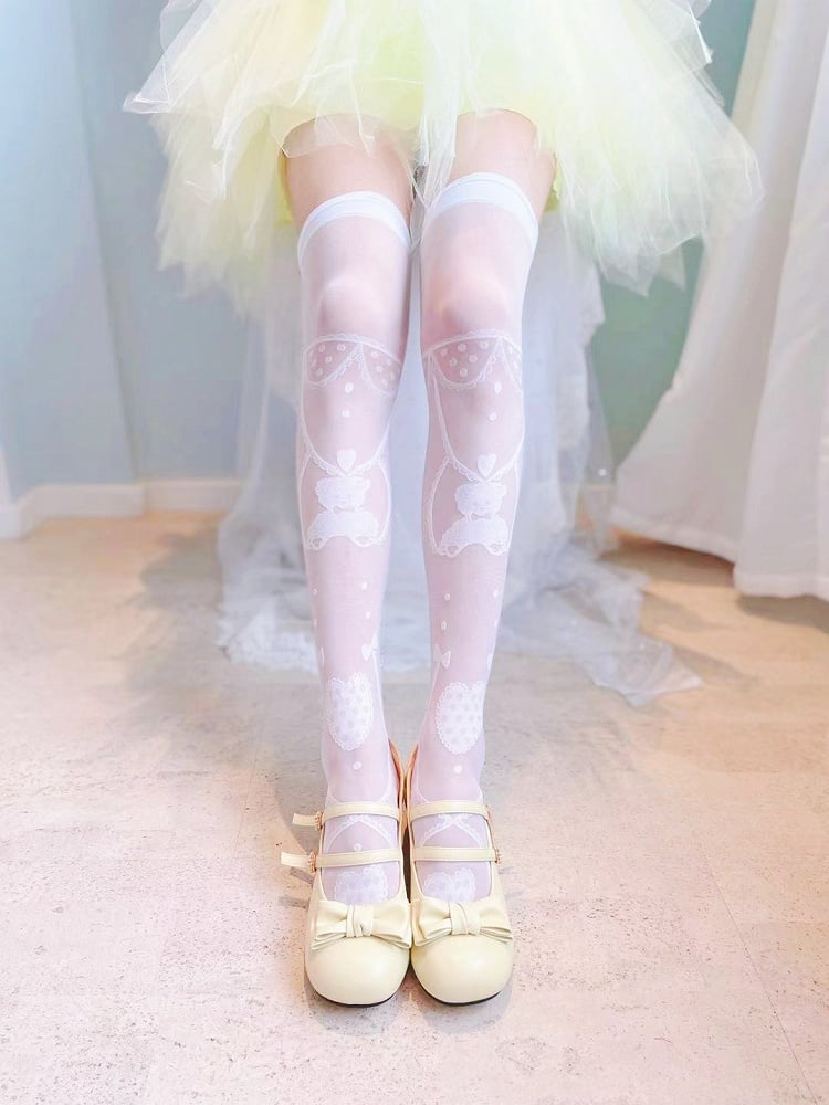 White/Black Teddy Bear and Heart Pattern Over Knee Stockings