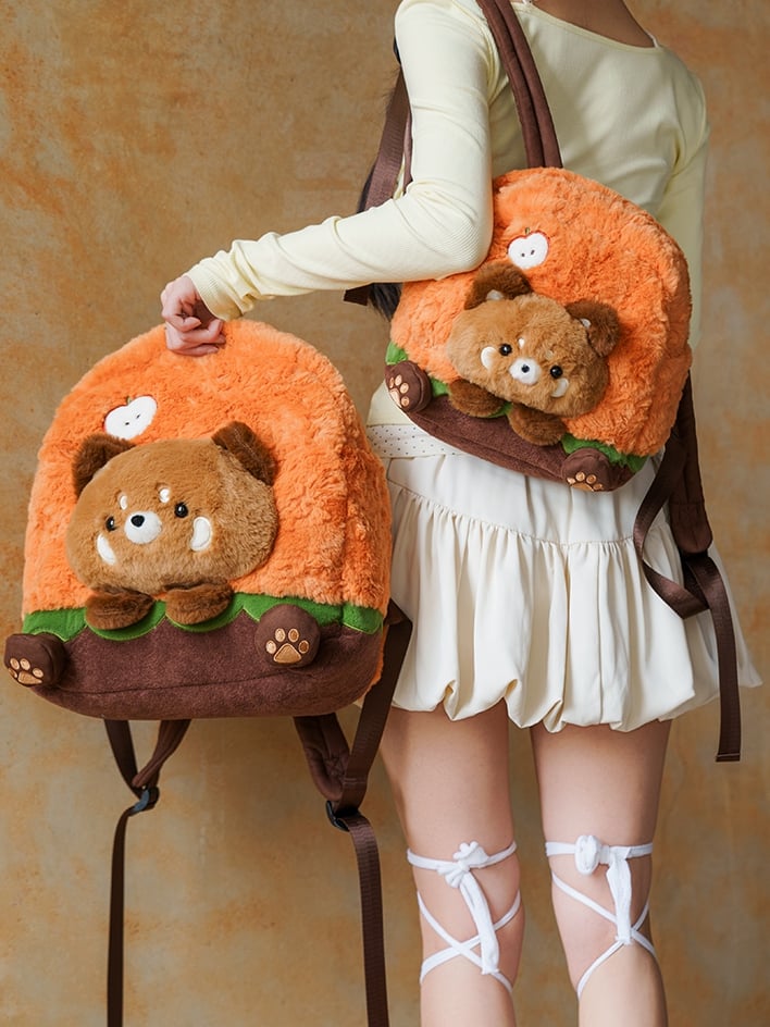 Brown&Orange Apple Design Cute Plush Hamburger Red Panda Backpack Middle/Large Size