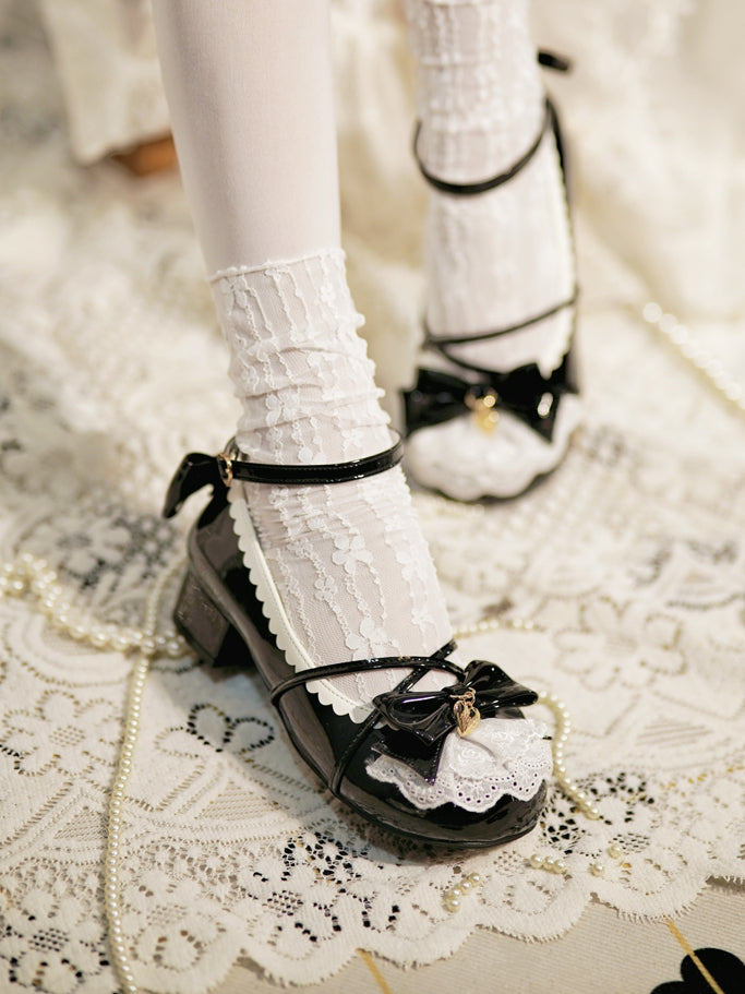 Black Heart Charm Bow at Top Lace Trim Crisscross Design Lolita Shoes