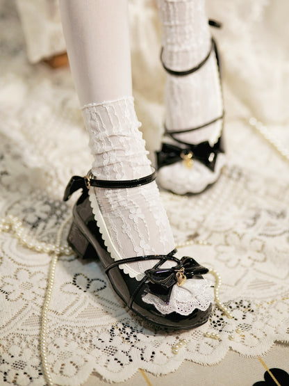 Black Heart Charm Bow at Top Lace Trim Crisscross Design Lolita Shoes