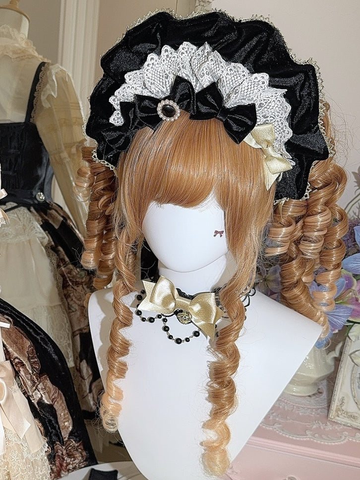 Wine Red/Black Velvet Lace Trim Bonnet + 4 Bowknot Brooches